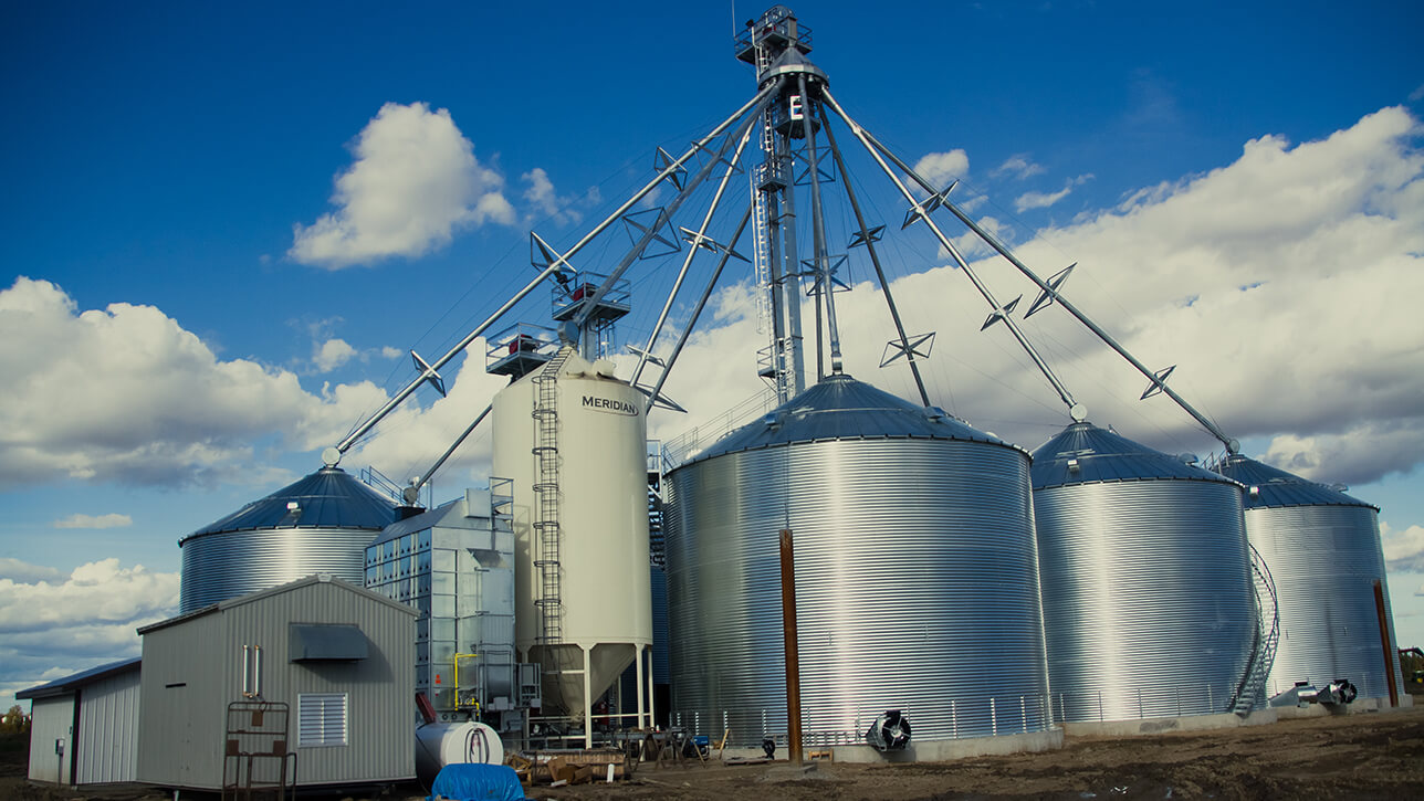 Grain Handling System with Brock and Meridian Bins and RAD Bucket Elevators